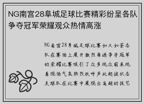 NG南宫28阜城足球比赛精彩纷呈各队争夺冠军荣耀观众热情高涨