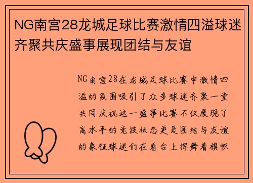 NG南宫28龙城足球比赛激情四溢球迷齐聚共庆盛事展现团结与友谊