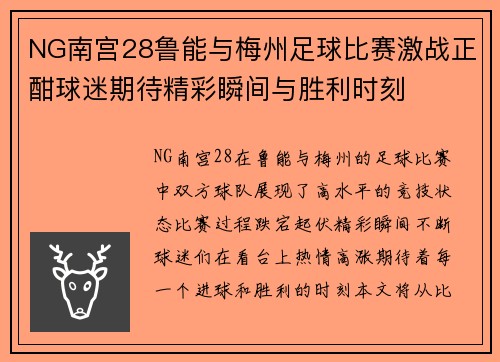NG南宫28鲁能与梅州足球比赛激战正酣球迷期待精彩瞬间与胜利时刻